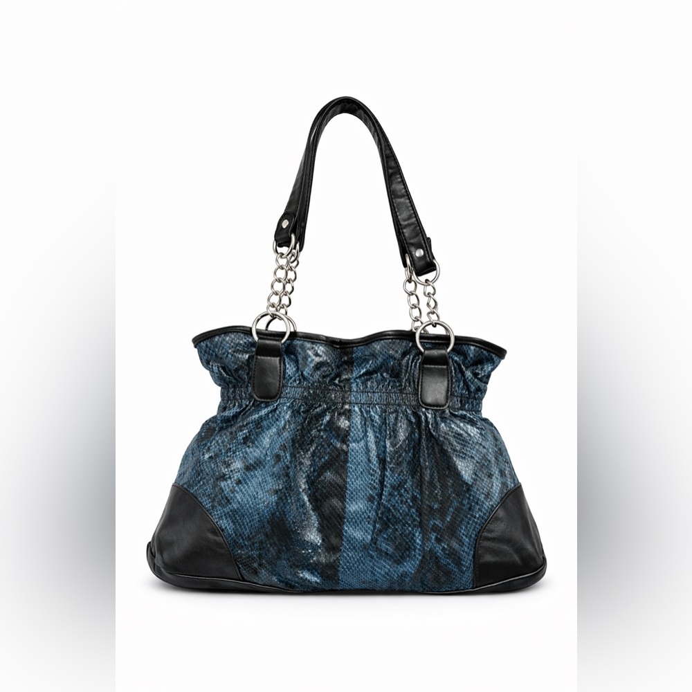 Blue Snakeskin Print Shoulder Bag • Black Faux Leather Trim • Chain Handles